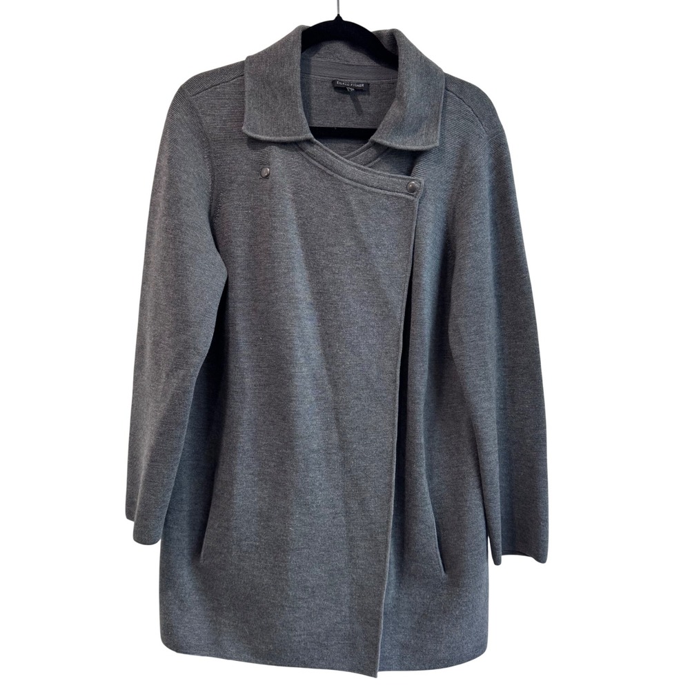 Eileen Fisher Knit Asymmetrical Collar Jacket‎ Cardigan Gray Size L